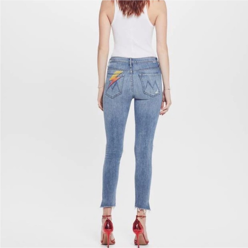 MOTHER Light Blue Skinny Jeans with Rainbow Lightning Pocket Detail